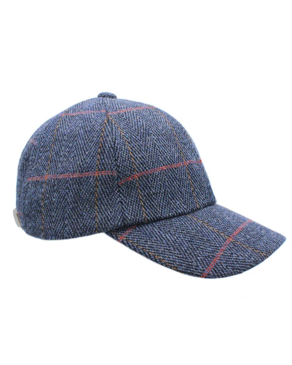 Bilberry Coloured Heather Callow Derby Tweed Baseball Cap on white background 