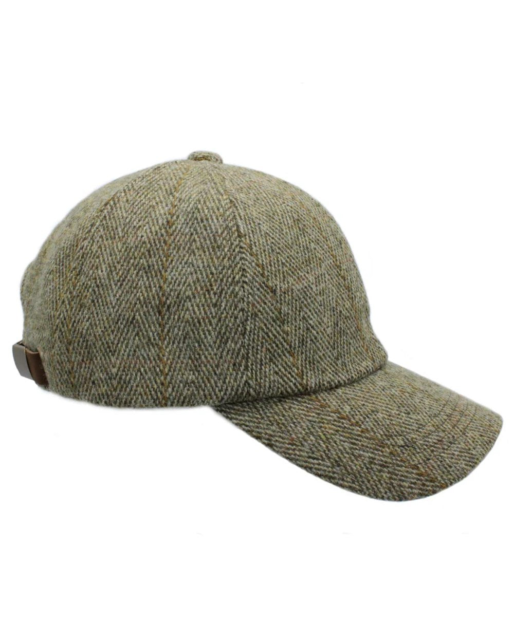 Sage Coloured Heather Callow Derby Tweed Baseball Cap on white background 