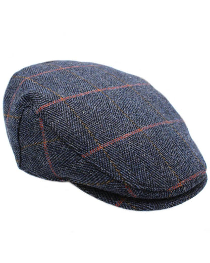 Midnight Blue Coloured Heather Chilton Derby Tweed Waterproof Flat Cap on white background 