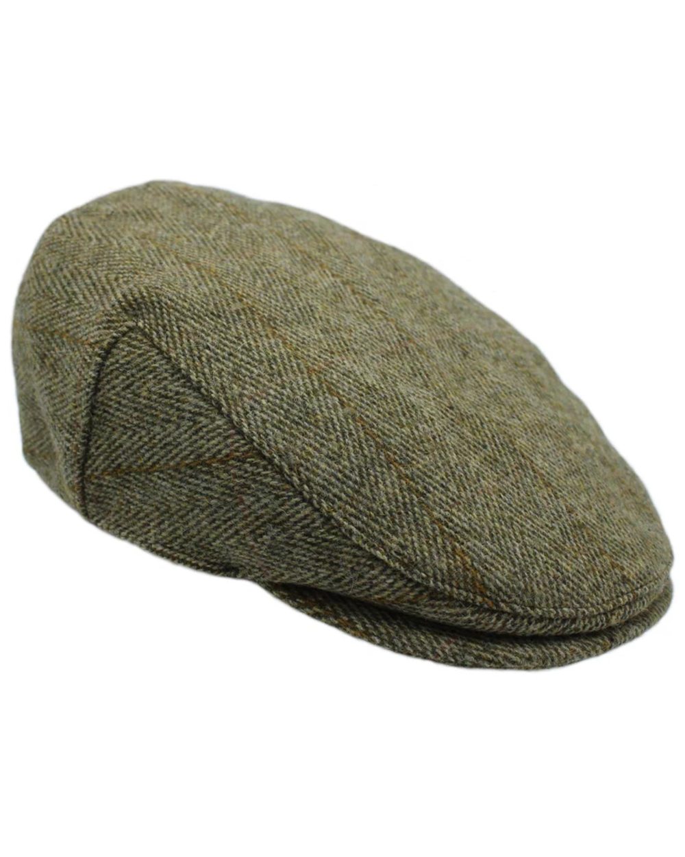 Sage Green Coloured Heather Chilton Derby Tweed Waterproof Flat Cap on white background 