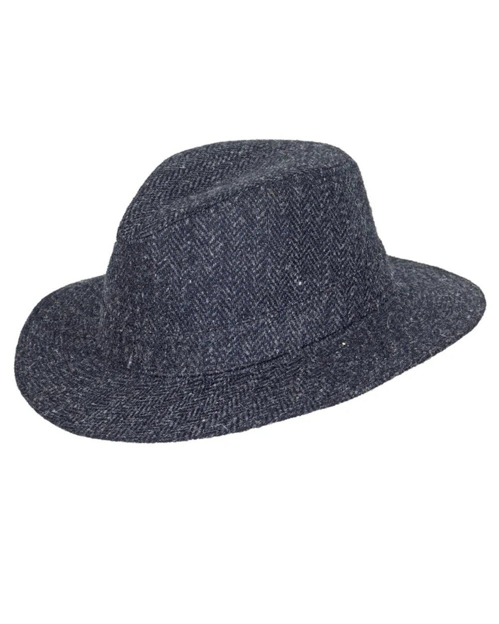 Charcoal coloured Heather Denholm Harris Tweed Fedora on white background 