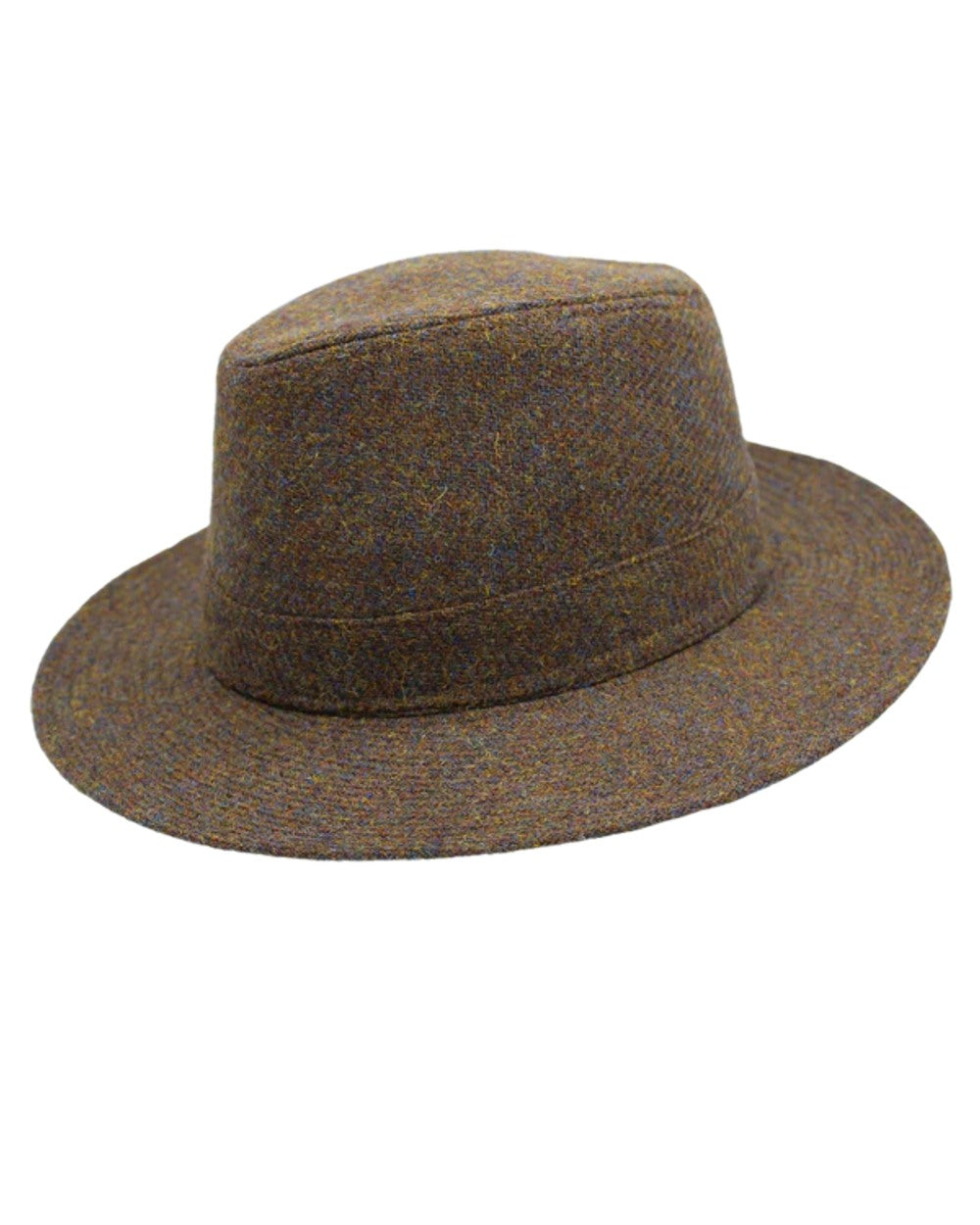 Walnut Coloured Heather Denholm Harris Tweed Fedora on white background 