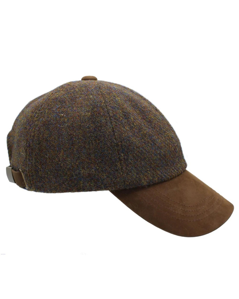 Walnut Coloured Heather Glencairn Harris Tweed Leather Peak Baseball Caps on white background 