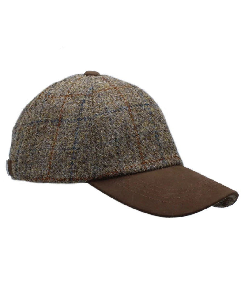 Mushroom Coloured Heather Glencairn Harris Tweed Leather Peak Baseball Cap on white background 
