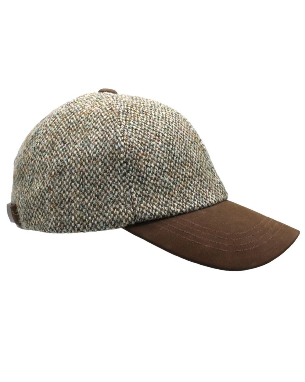 Pebble Coloured Heather Glencairn Harris Tweed Leather Peak Baseball Cap on white background 