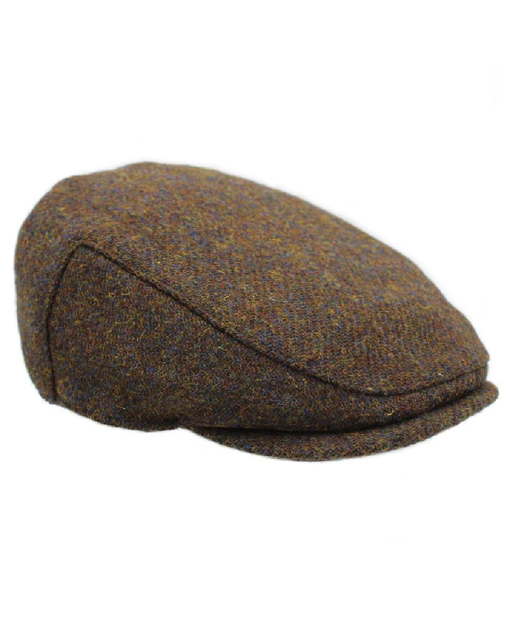 Walnut Coloured Heather Highland Harris Tweed Flat Cap on white background 