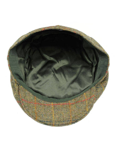Brown Orange Check Coloured Heather Kinloch Waterproof Tweed Flat Cap on white background 
