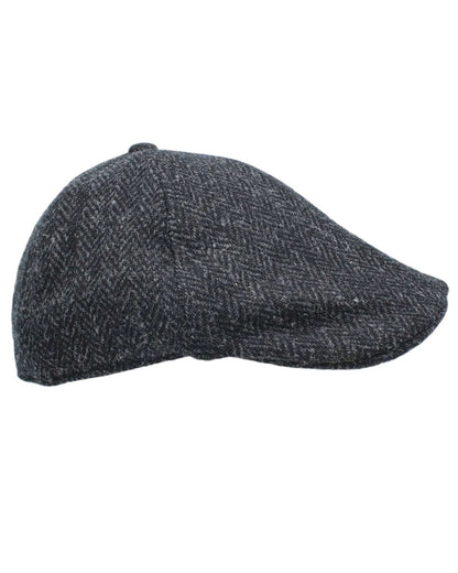 Black Herringbone Coloured Heather Mallaig Harris Tweed Duckbill 6 Piece Cap on white background 