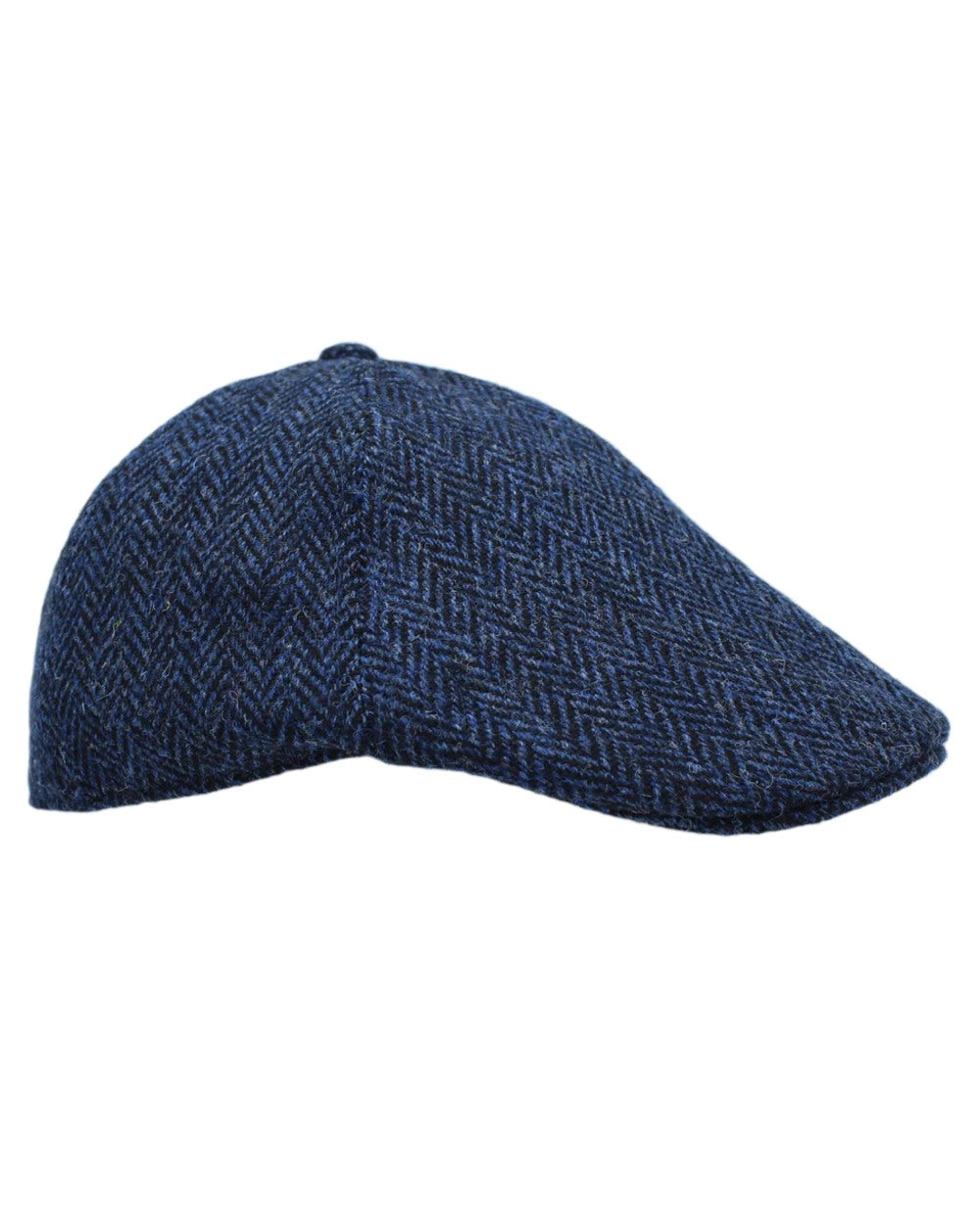 Blue Black Herringbone Coloured Heather Mallaig Harris Tweed Duckbill 6 Piece Cap on white background 