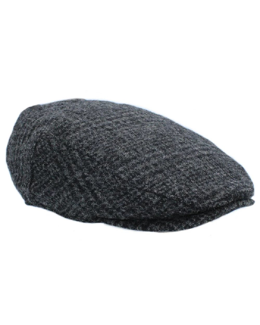 Charcoal Check Coloured Heather Marston Budget Tweed Flat Cap on white background 