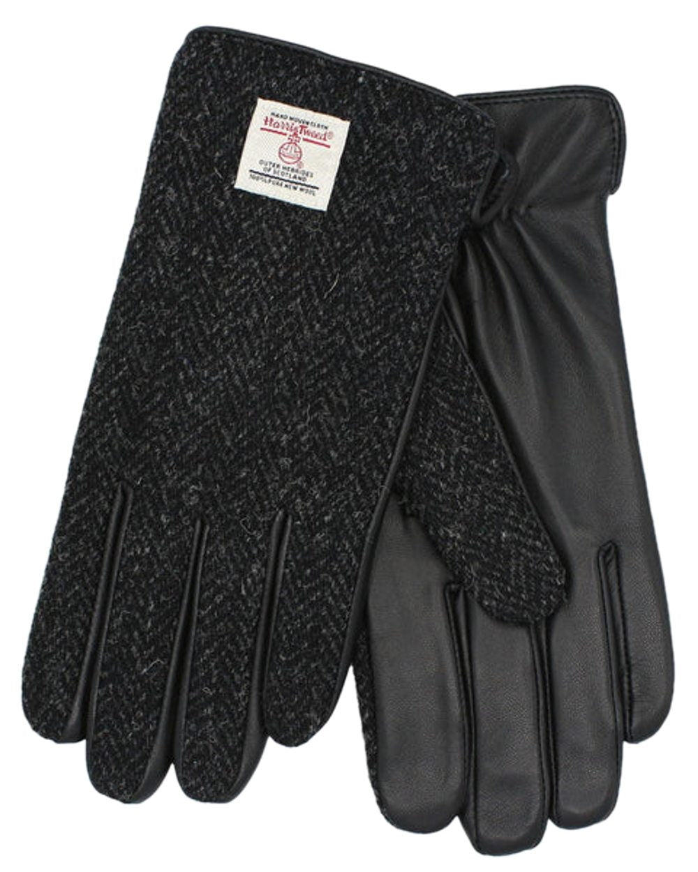 Black Herringbone Coloured Heather Mens Grant Harris Tweed And Leather Gloves on white background 