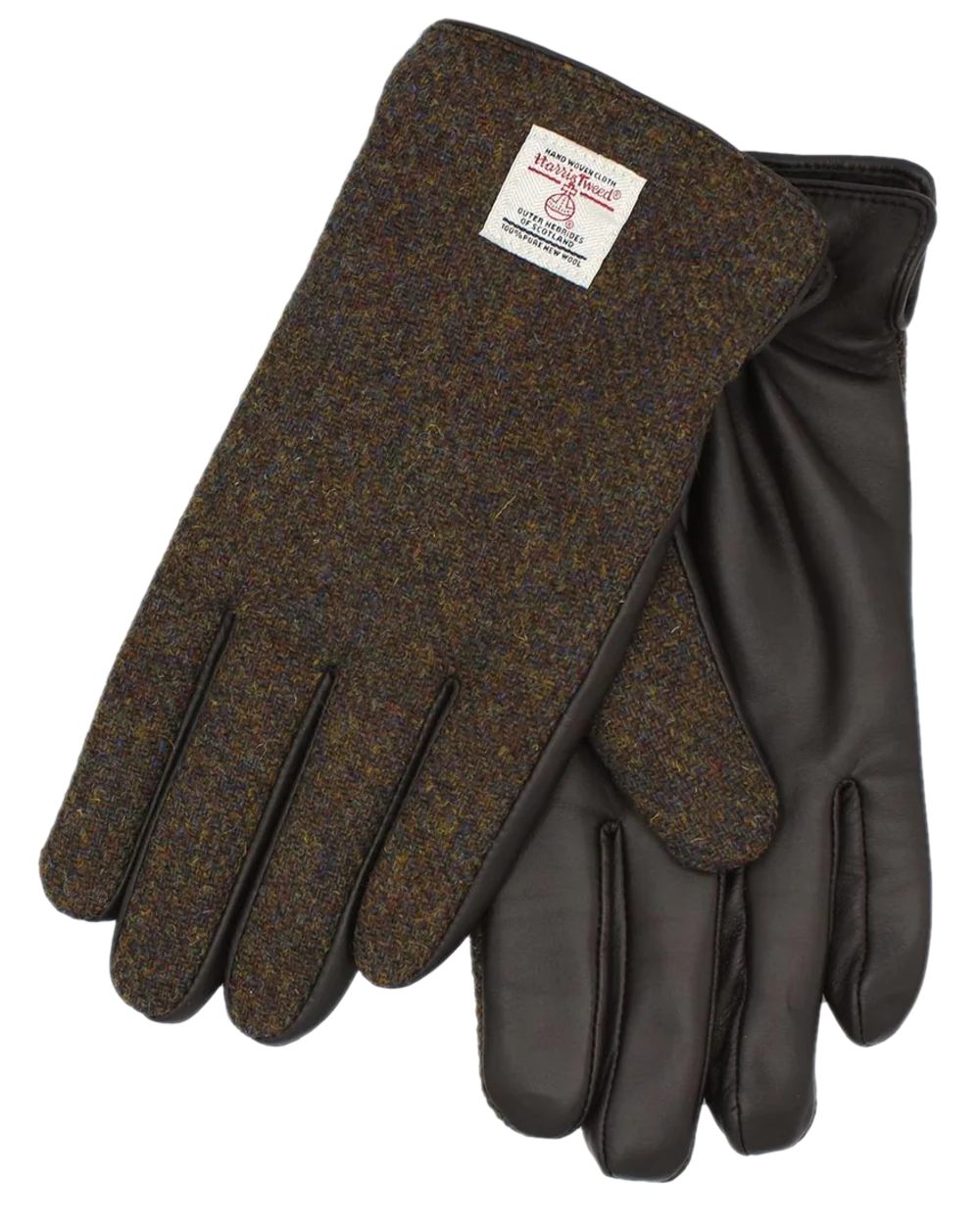 Brown Mix Coloured Heather Mens Grant Harris Tweed And Leather Gloves on white background 