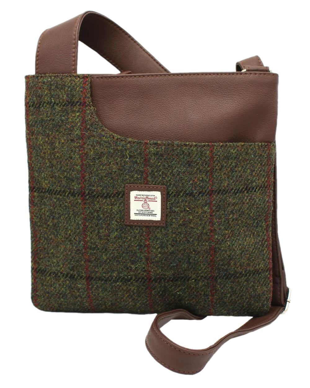 Green Check Coloured Heather Mina Harris Tweed Cross-Body Bag on white background 