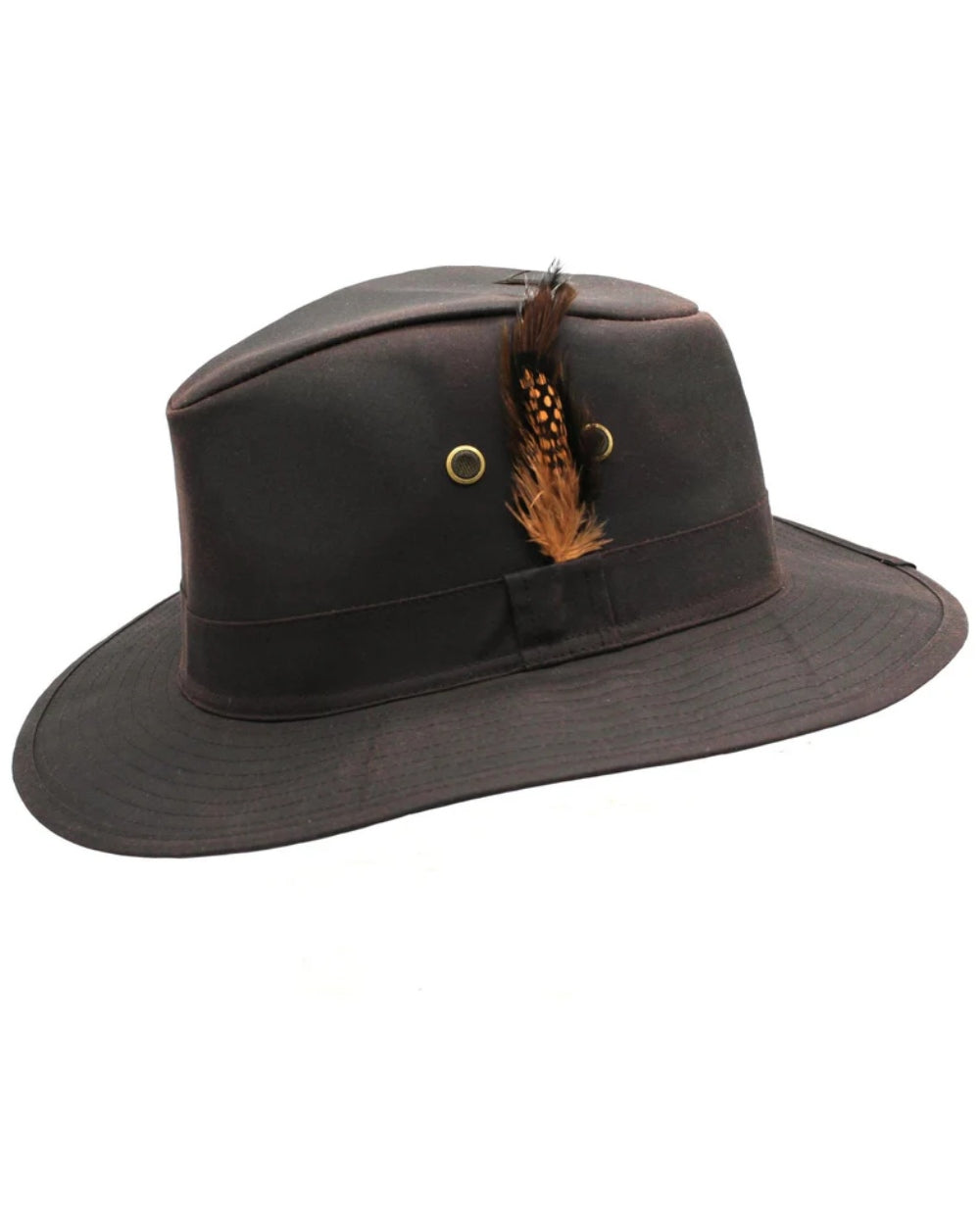 Brown Coloured Heather Rambler Wax Trilby Hat on white background 