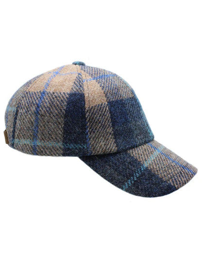Sand Navy Check Coloured Heather Rannoch Harris Tweed Baseball Cap on white background 