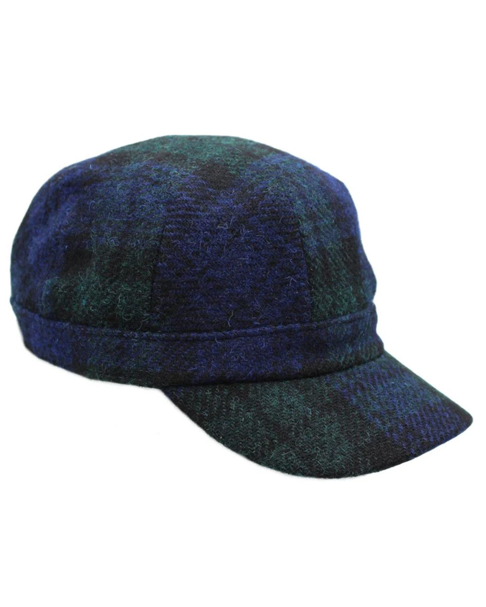 Blackwatch Coloured Heather Rhona Harris Tweed Cadet Cap on white background 