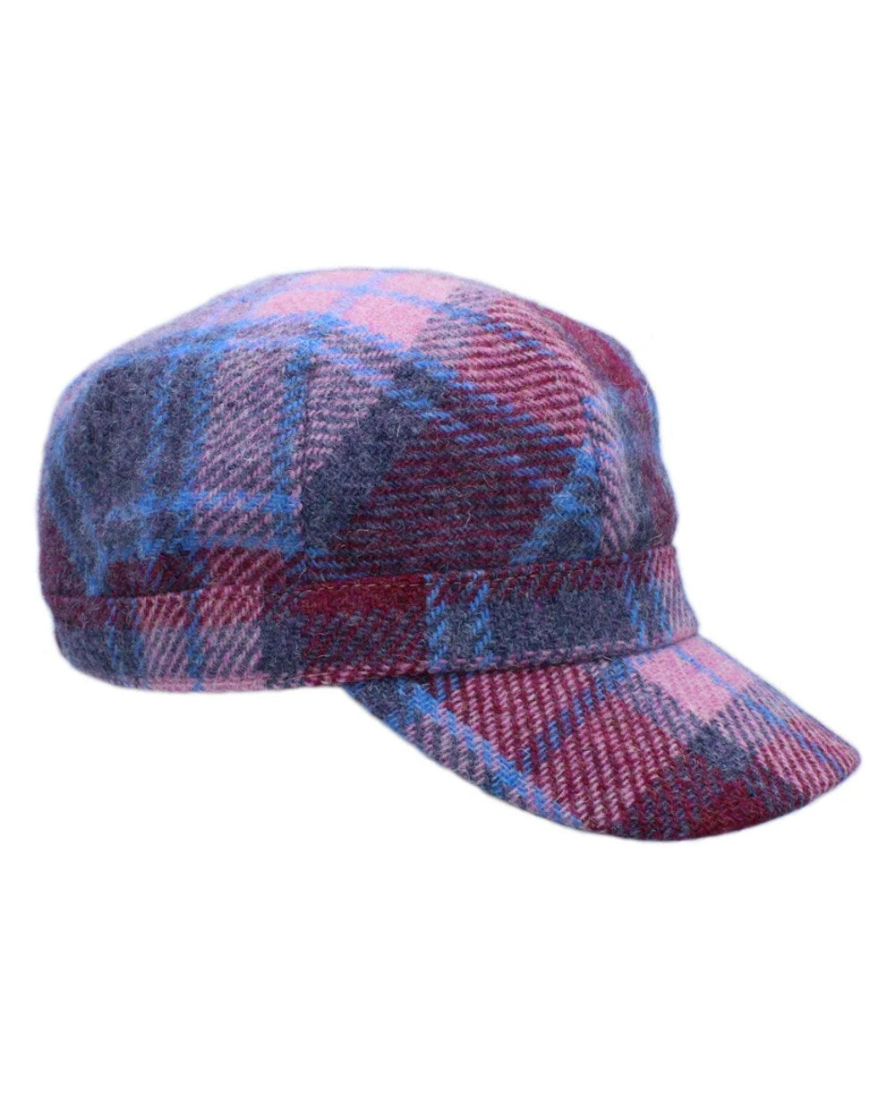 Pink Blue Check Coloured Heather Rhona Harris Tweed Cadet Cap on white background 