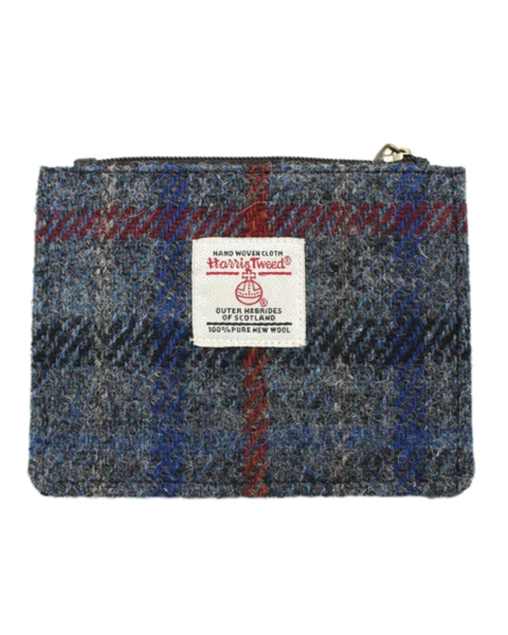 Grey Check Coloured Heather Rory Harris Tweed Coin/Card Wallet on white background 