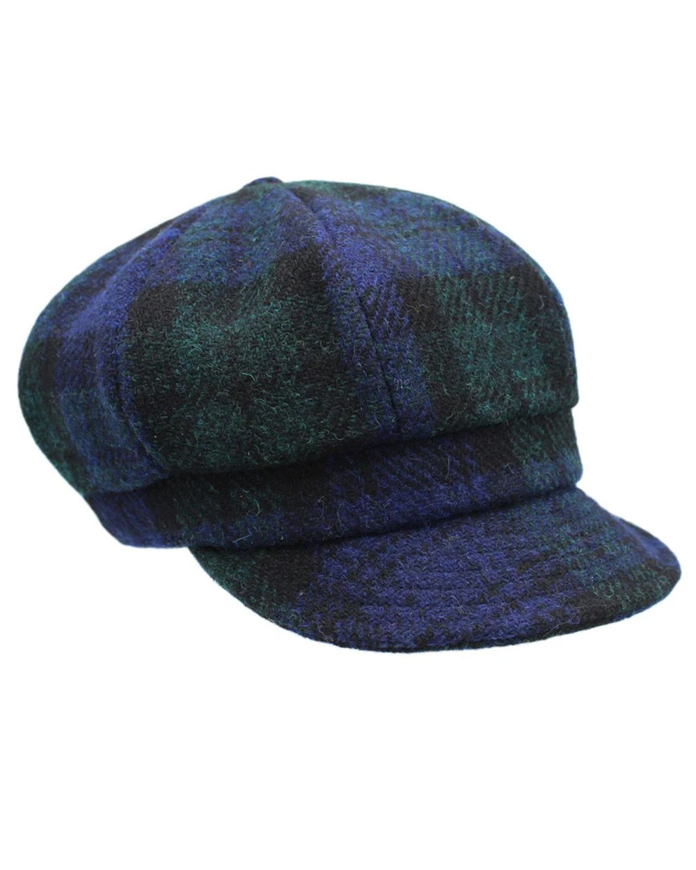 Blackwatch Coloured Heather Rosalie Harris Tweed Baker Boy Cap on white background 