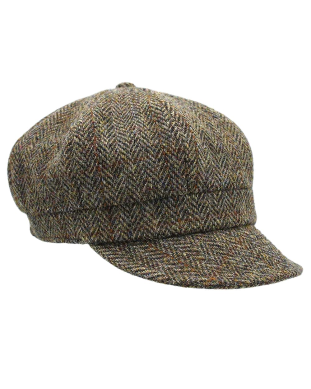 Green Brown Herringbone Coloured Heather Rosalie Harris Tweed Baker Boy Cap on white background 