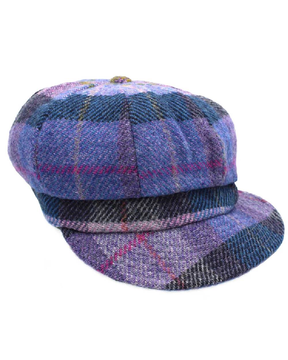 Lilac Coloured Heather Rosalie Harris Tweed Baker Boy Cap on white background 