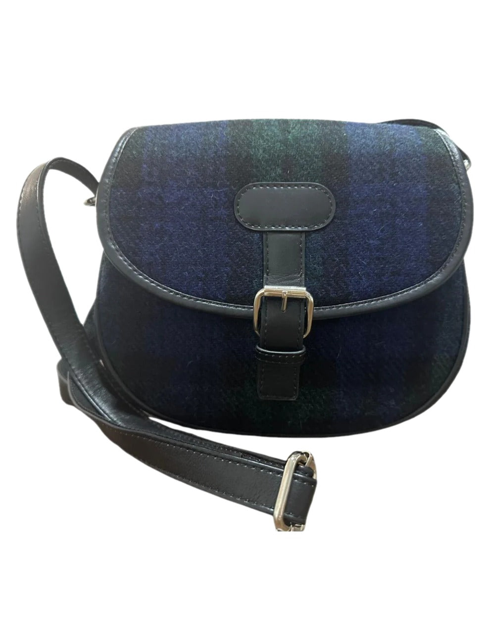 Blackwatch Coloured Heather Rowan Harris Tweed Saddle Bag on white background 