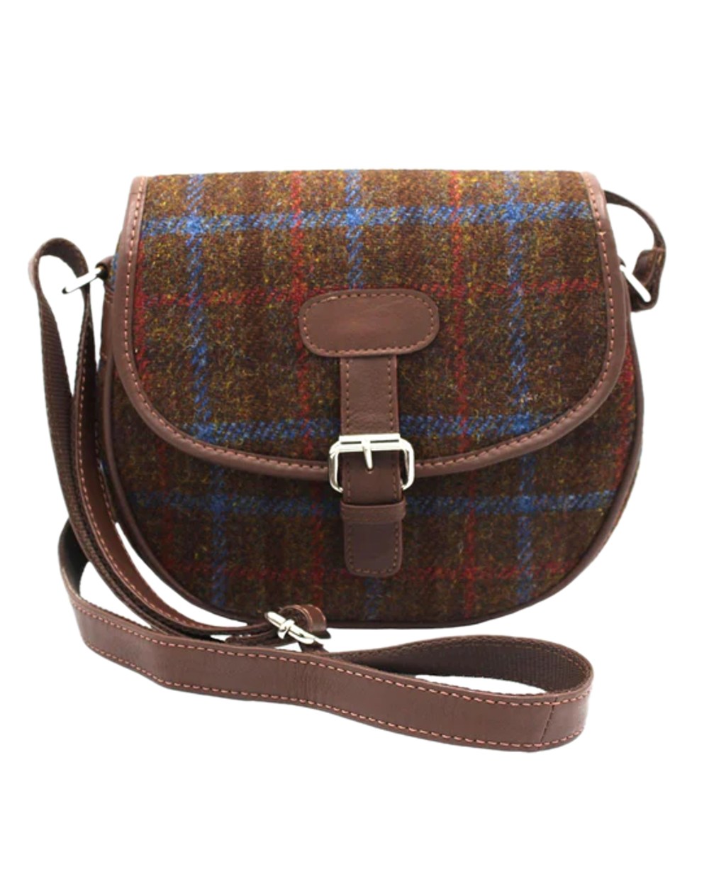 Brown Check Coloured Heather Rowan Harris Tweed Saddle Bag on white background 