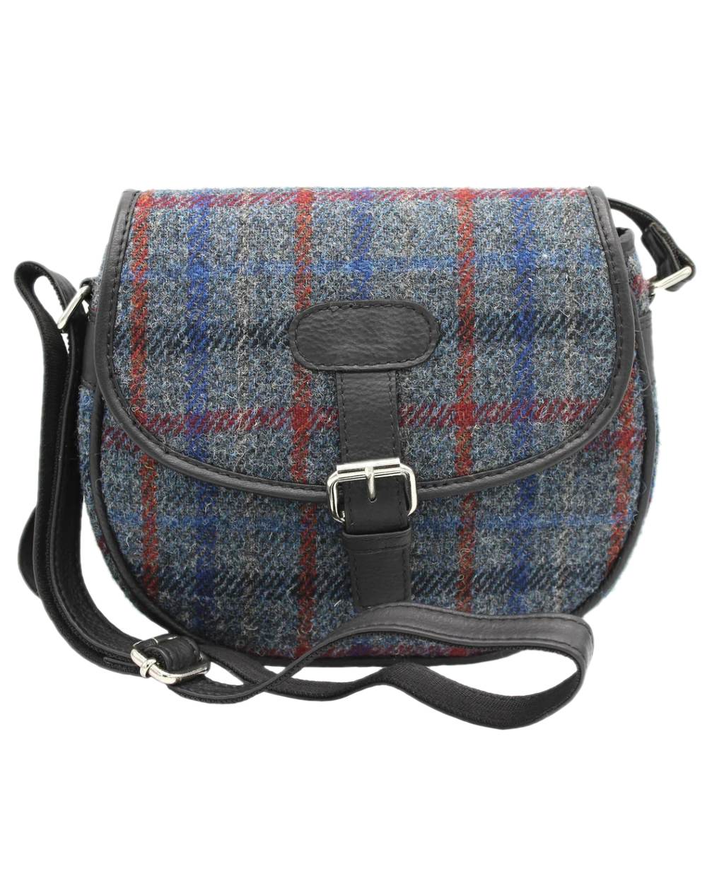 Grey Check Coloured Heather Rowan Harris Tweed Saddle Bag on white background 