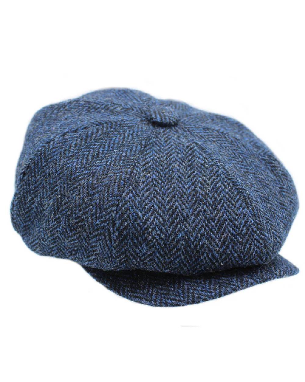 Blue Black Herringbone Coloured Heather Scott Newsboy Harris Tweed 8-Piece Cap on white background 