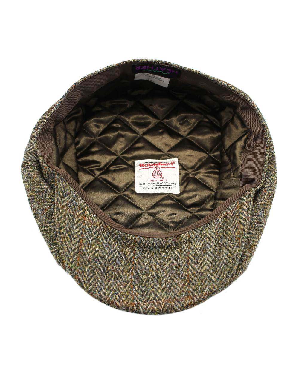 Green Brown Herringbone Coloured Heather Scott Newsboy Harris Tweed 8-Piece Cap on white background 