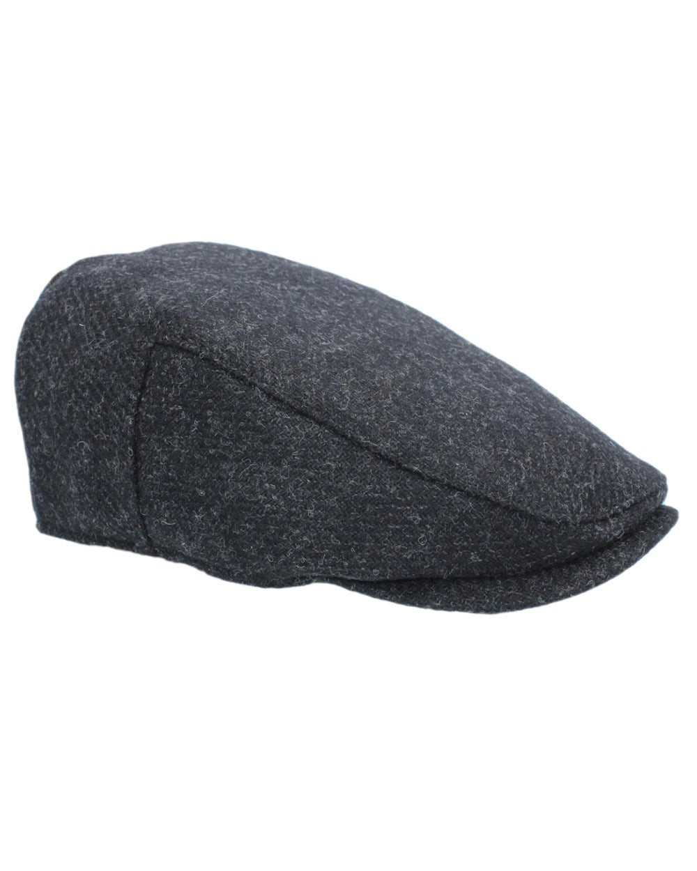 Black Coloured Heather Selby Twill Tweed Flat Cap on white background 