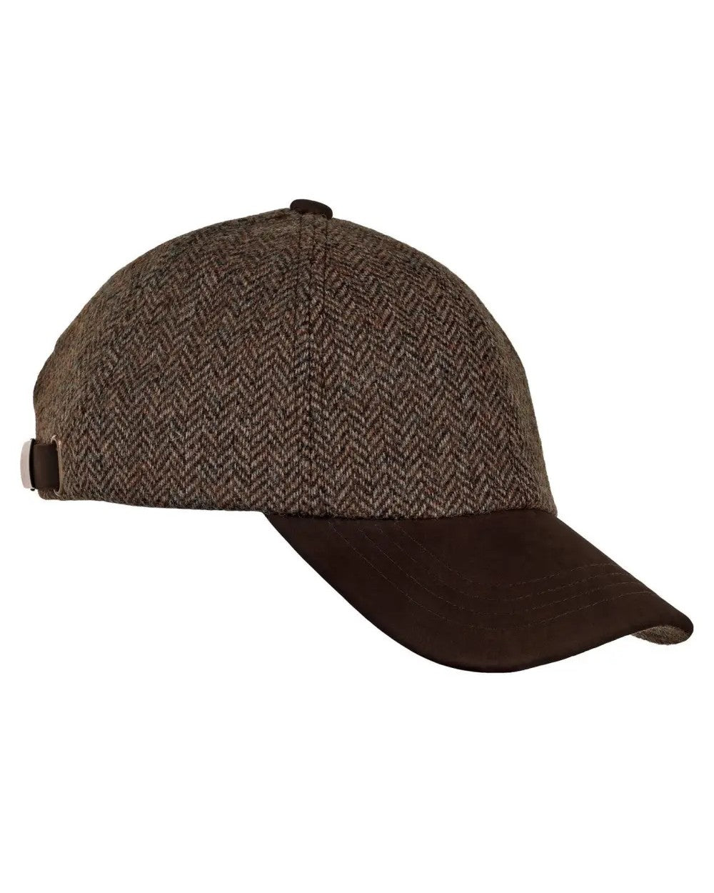 Chocolate Herringbone coloured Heather Sutton Tweed Baseball Cap on white background 