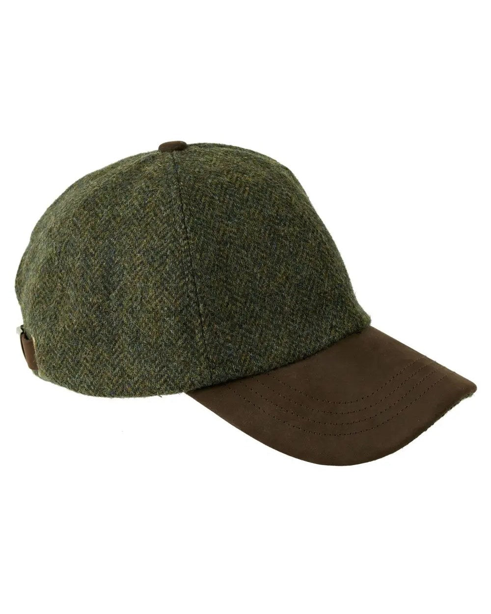 Green Herringbone coloured Heather Sutton Tweed Baseball Cap on white background 