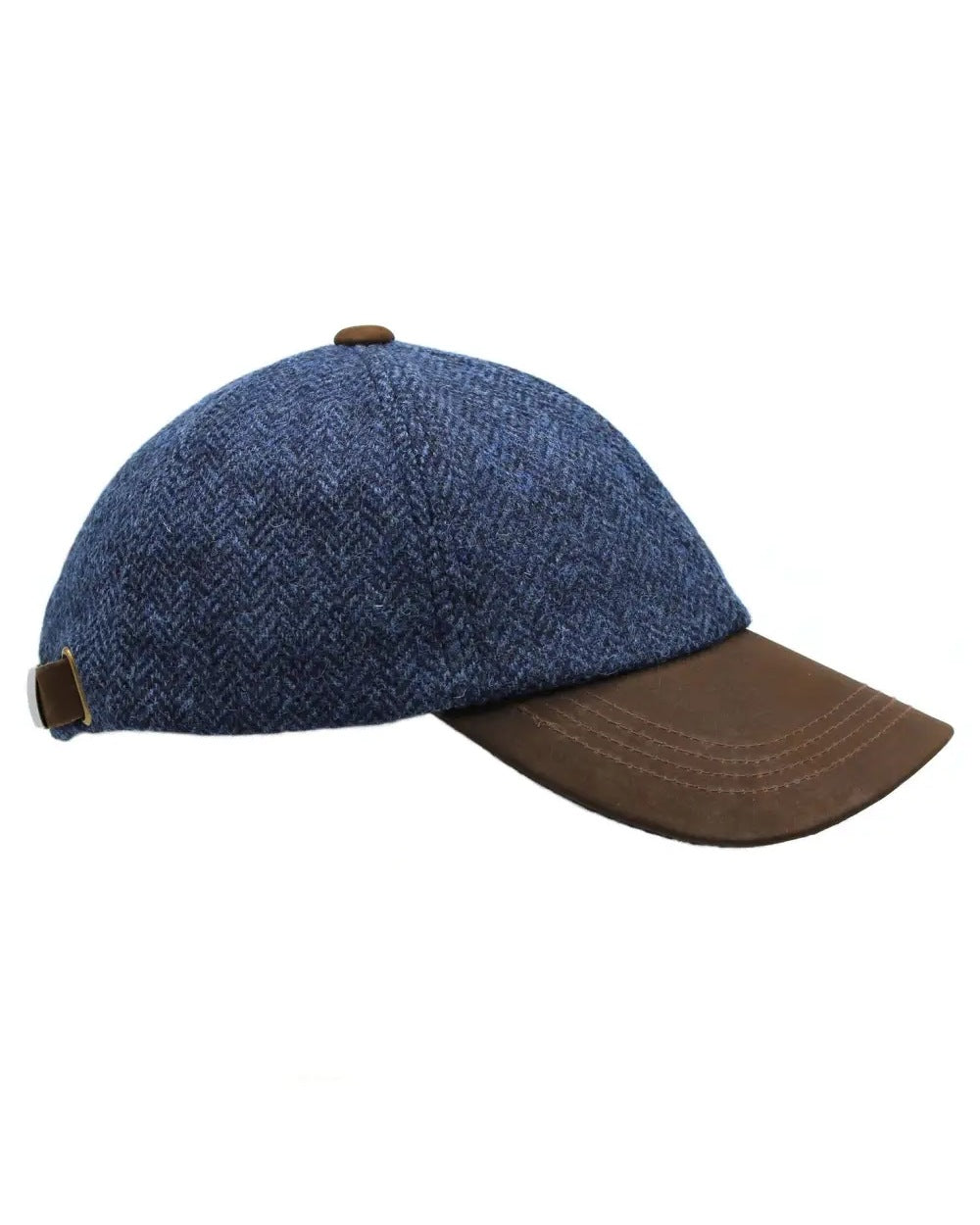 Navy Herringbone coloured Heather Sutton Tweed Baseball Cap on white background 