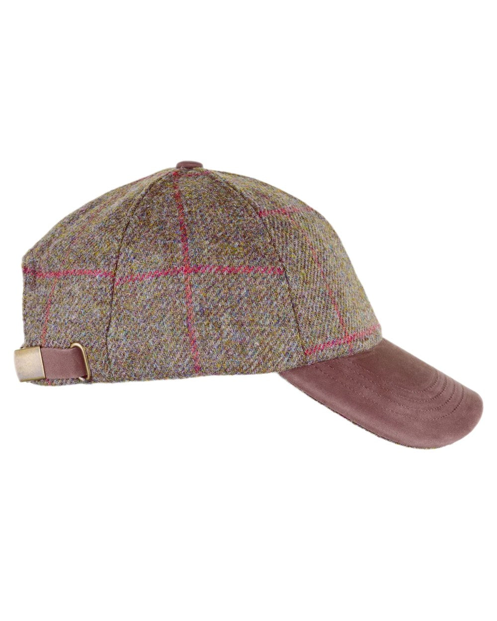 Brown Red Check Coloured Heather Tyndrum British Tweed Leather Peak Baseball Cap on white background 