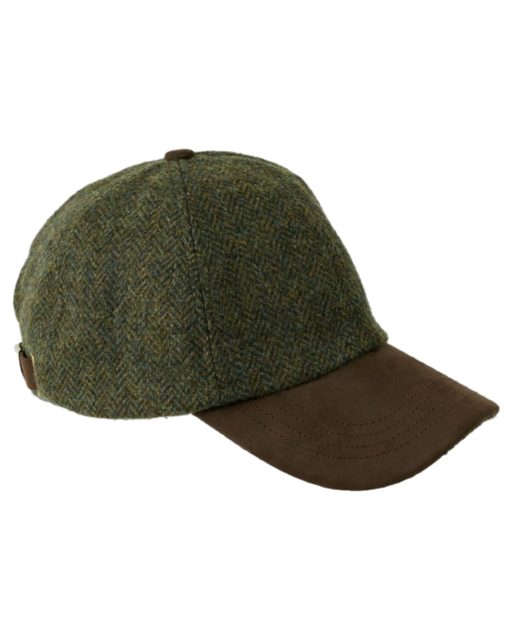 Green HB Coloured Heather Tyndrum British Tweed Leather Peak Baseball Cap on white background 