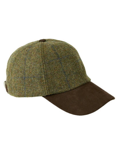 Navy Overcheck Coloured Heather Tyndrum British Tweed Leather Peak Baseball Cap on white background 