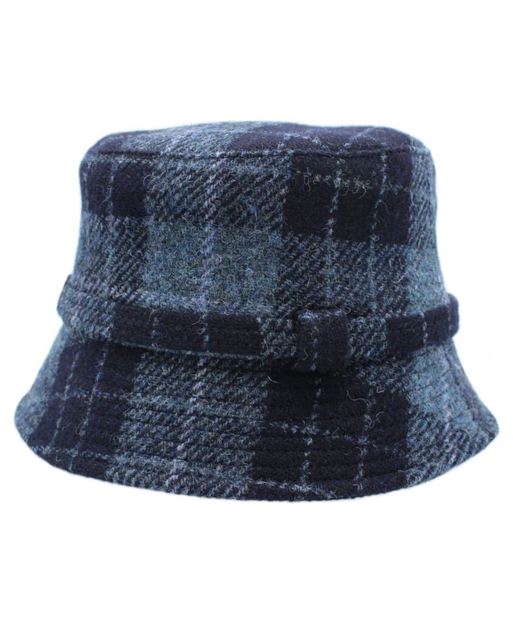 Black Grey Check Coloured Heather Womens Ashkirk Harris Tweed Bucket Hat on white background 
