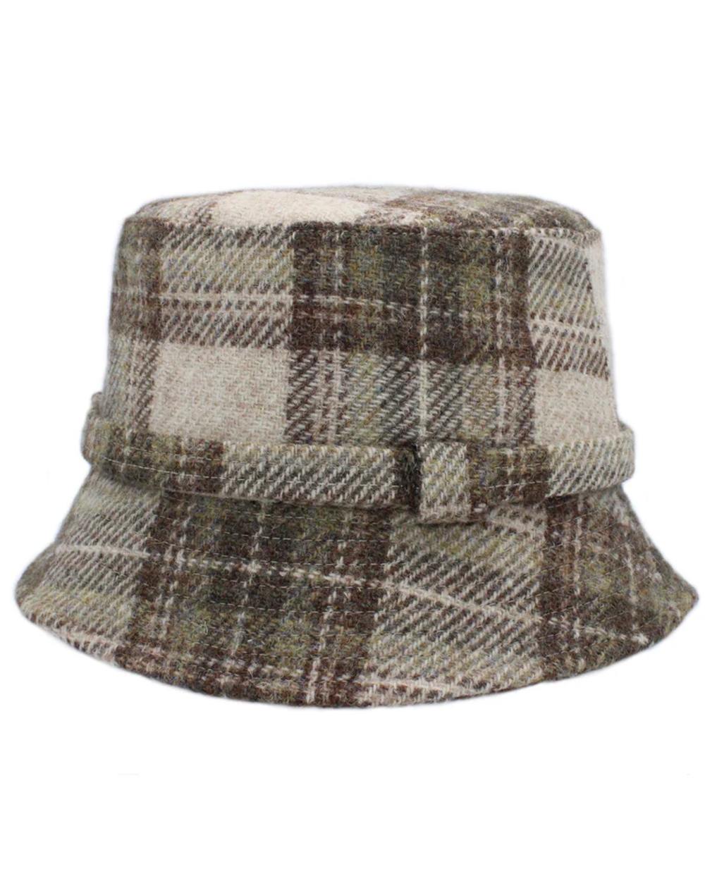 Oatmeal Check Coloured Heather Womens Ashkirk Harris Tweed Bucket Hat on white background 