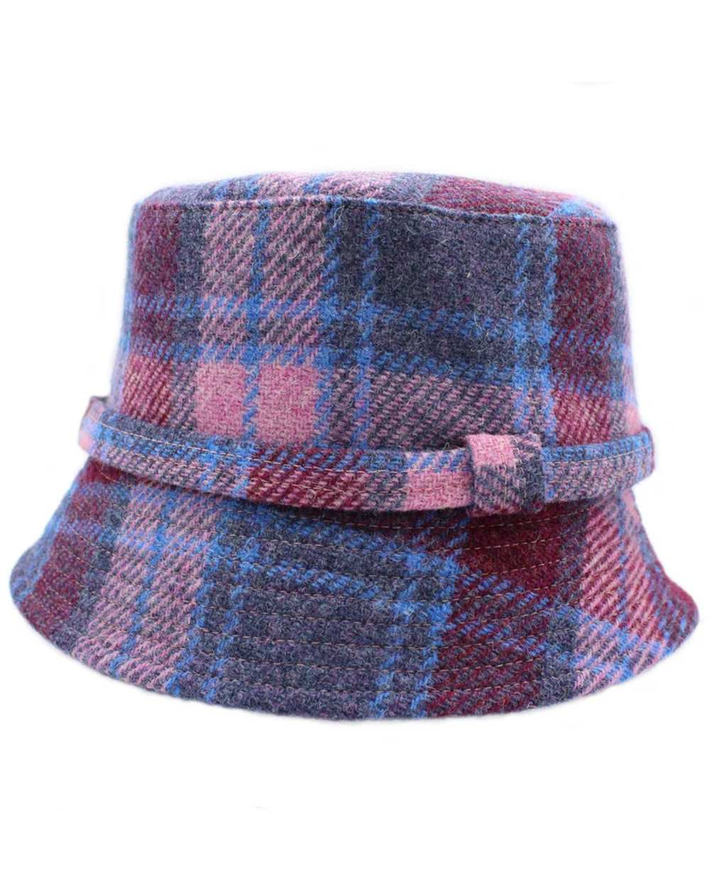 Pink Blue Check Coloured Heather Womens Ashkirk Harris Tweed Bucket Hat on white background 