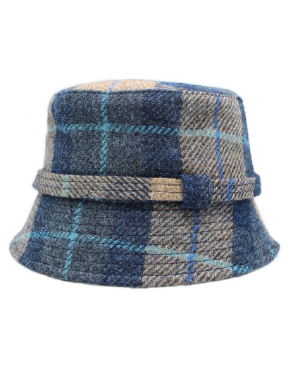 Sand Navy Check Coloured Heather Womens Ashkirk Harris Tweed Bucket Hat on white background 
