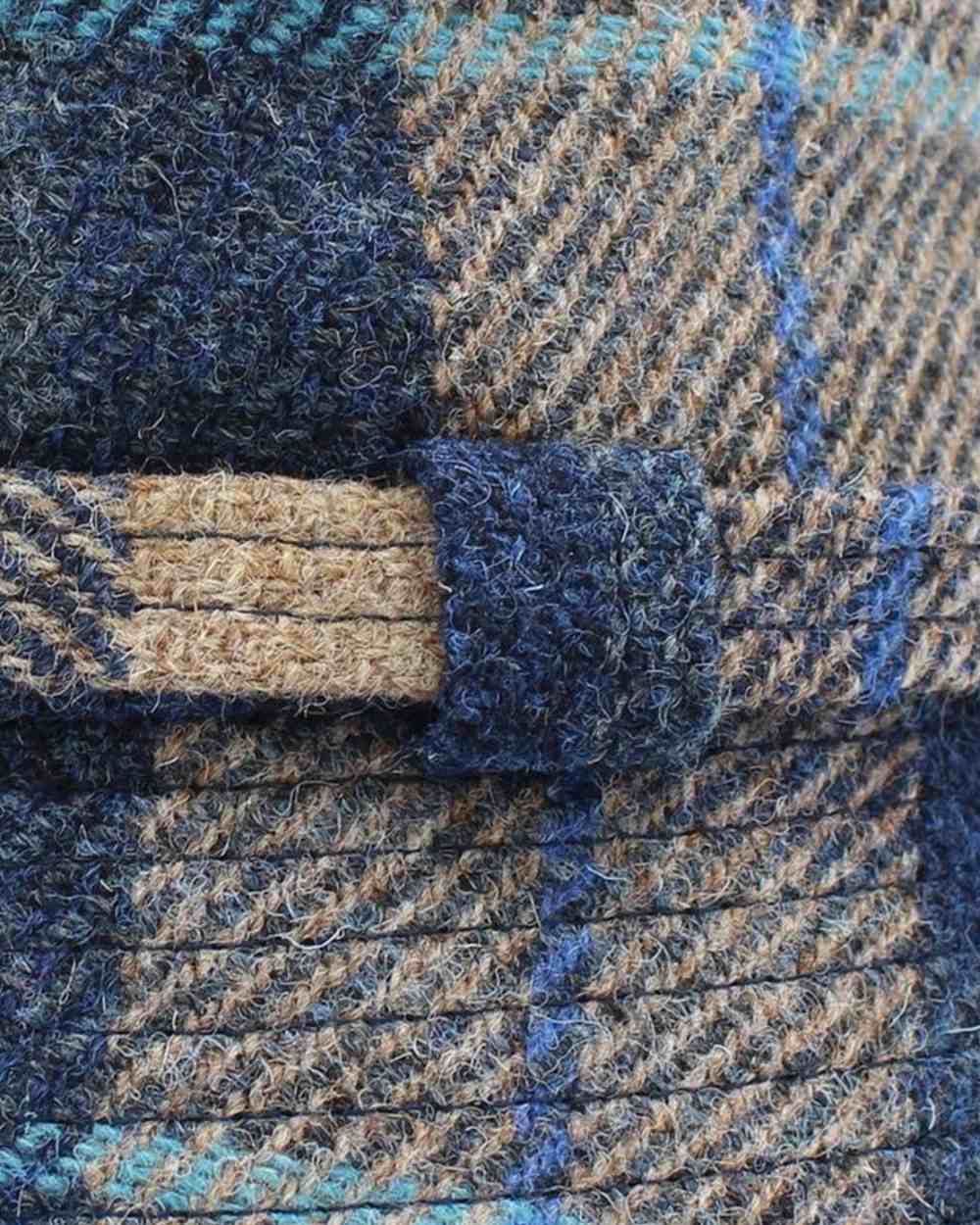 Sand Navy Check Coloured Heather Womens Ashkirk Harris Tweed Bucket Hat on white background 