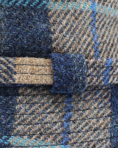 Sand Navy Check Coloured Heather Womens Ashkirk Harris Tweed Bucket Hat on white background 
