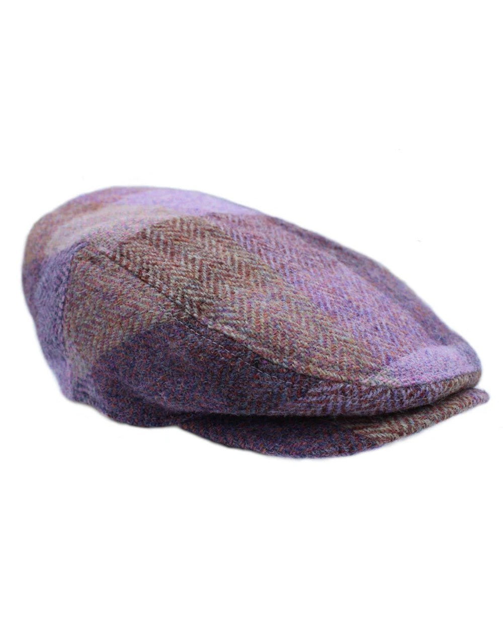 Lilac Patchwork Coloured Heather Womens Kelty Harris Tweed Flat Cap on white background 