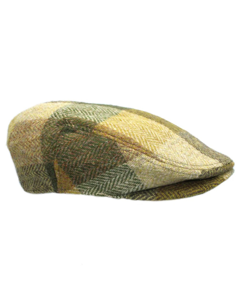 Spring Patchwork Coloured Heather Womens Kelty Harris Tweed Flat Cap on white background 