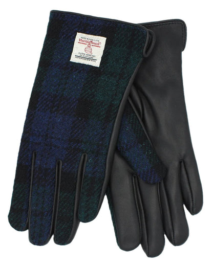 Blackwatch Coloured Heather Womens Skye Harris Tweed And Leather Gloves on white background 