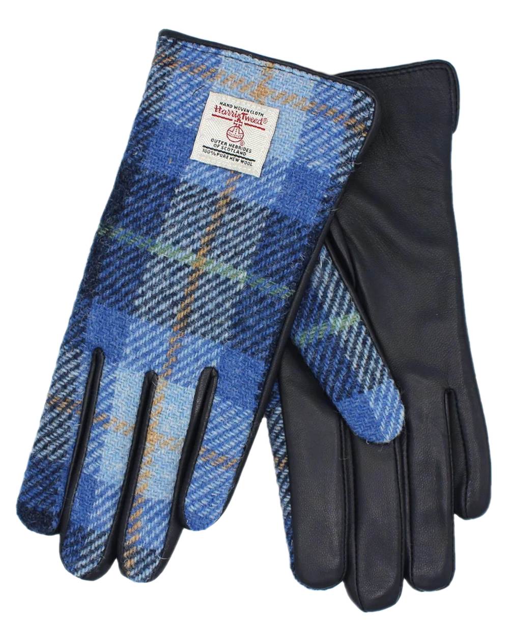 Sky Coloured Heather Womens Skye Harris Tweed And Leather Gloves on white background 