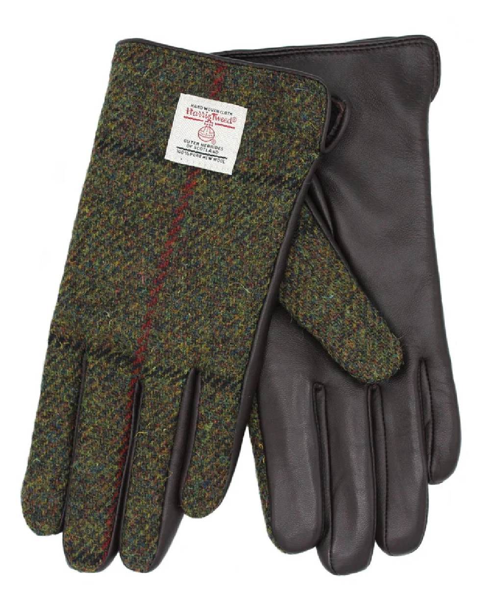 Green Check Coloured Heather Womens Skye Harris Tweed And Leather Gloves on white background 