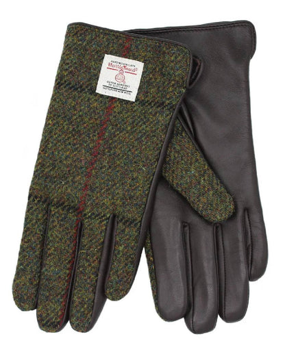 Green Check Coloured Heather Womens Skye Harris Tweed And Leather Gloves on white background 
