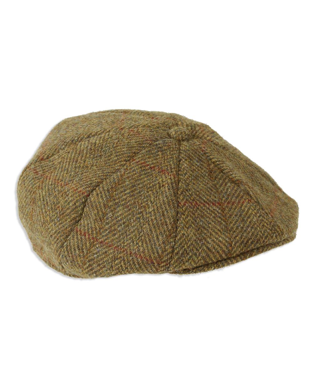 Olive Gold coloured Heather Arran 8-Piece Harris Tweed Cap on white background 